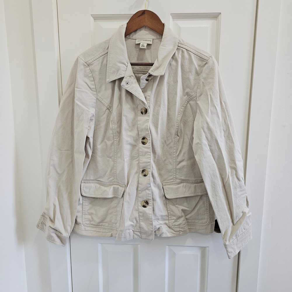 Appleseeds Womens Large Beige Cotton Twill Button Front Utility Jacket A31679